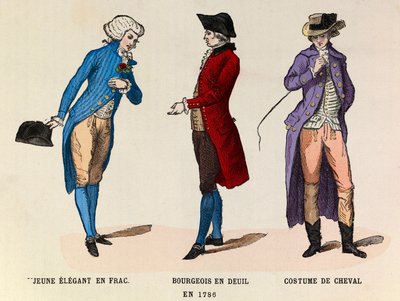 Fra venstre mod højre: En ung elegant i frac; En borgerlig i sorg og en hestedragt i 1786 - privat samling af Anonymous Anonymous