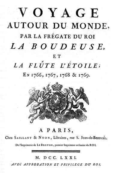 Frontispice fra 1771 af bogen "" Reise Jorden rundt af Kongens Fregat La Boudeuse og fløjten L