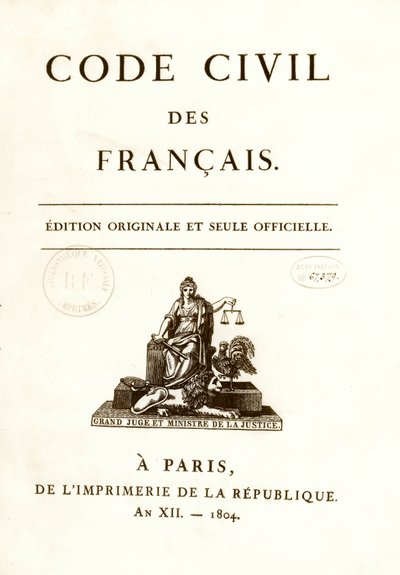 Frontispice af en af de tolv originale udgaver af "Code civil des francais"" udstedt af Napoleon Bonaparte den 21/03/1804. fransk lov om borgerrettigheder. B.N. Paris af Anonymous Anonymous