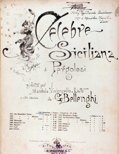 Frontispice fra musikpartitur af Celebre siciliana tilskrevet GB Pergolese af Anonymous Anonymous