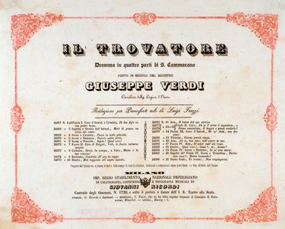 Frontispice af Il Trovatore (Trubaduren) opera af Giuseppe Verdi af Anonymous Anonymous