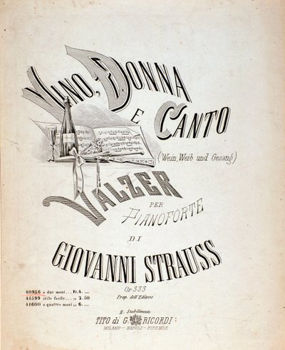 Frontispice af musikpartitur af vin, kvinder og sange af Johann Strauss af Anonymous Anonymous