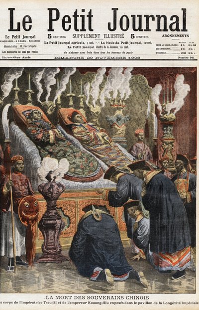 Begravelse af kinesiske herskere: Ligene af imperator af Kina Yehenara, kejserinde Xiao Ding Jing (1868 - 1913) og kejser Guangxu eller Kuang-Siu (Kouang Siu), kejser af Kina fra Qing-dynastiet (1872-1908) udstillet i pavillonen af den imperiale longevite. af Anonymous Anonymous