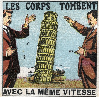 Tyngdekraft: kroppe falder med samme hastighed. Brug af tårnet i Pisa til at illustrere lovene for faldende kroppe. Anonym illustration fra 1925. Privat samling. af Anonymous Anonymous