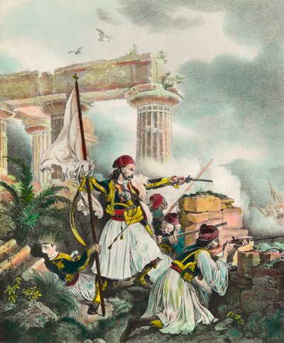 Græsk uafhængighedskrig mod det osmanniske imperium: banneret rejser sig til Salona af Nickolaki Mitropolos efter opstanden den 25/03/1821. Litografi af det 19. århundredes privatsamling af Anonymous Anonymous