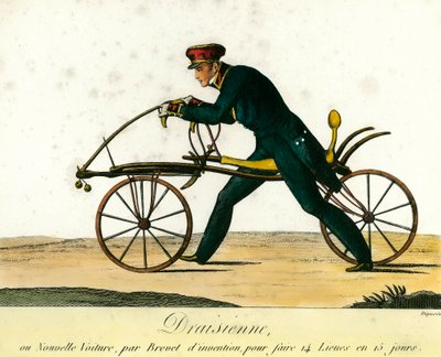 Cyklens historie: Draisienne, en meget populær ny bil omkring 1818. Indgravering fra 1818. Privat samling af Anonymous Anonymous