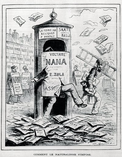Sådan påtvinges naturalismen: satirisk tegning på den naturalistiske roman om bogen "Nana" af Emile Zola. Indgravering af det 19. århundrede. Privat samling. af Anonymous Anonymous
