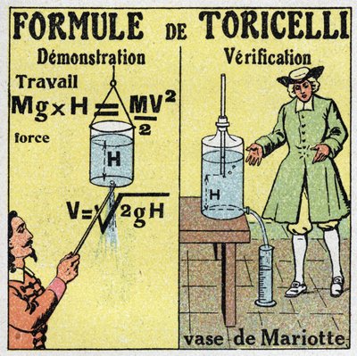 Hydraulisk: demonstration og verifikation af Toricelli formel. Den italienske fysiker Evangelista Torricelli eller Toricelli (1608-1647) gav en formel til at beregne strømningshastigheden af en væske, når man kender højden af dens fald. Til højre, vasen af af Anonymous Anonymous
