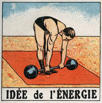 Idé om energi: atlet løfter en vægt. Anonym illustration af 1925. Privat samling. af Anonymous Anonymous
