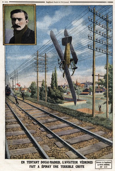 I at friste Douai - Madrid gjorde flyveren Jules Vedrines (1881-1919) Epinay til et frygteligt fald. Indgravering i Le Petit Journal””, den 12/05/1912 af Anonymous Anonymous