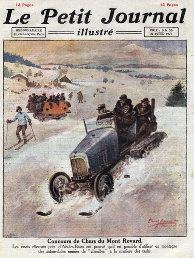 Innovation på biler i bjergene, spor er placeret på hjulene for at undgå skader. Illustration taget fra "" Le petit journal"" af 27/02/1921. Privat samling af Anonymous Anonymous