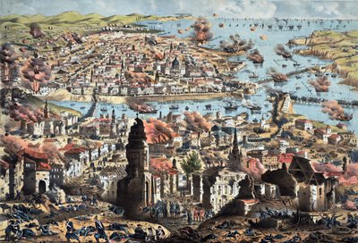 Interiør af Sevastopol (Sebastopol), ødelæggelse af byen af russerne, deres tilbagetog - Ukendt artilleriofficer - 1855 - Farvelitografi - 51,3x68,4 - Privat samling af Anonymous Anonymous