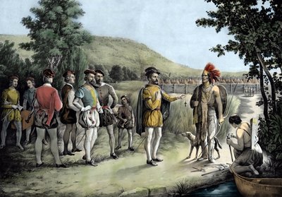 Jacques Cartier, hans første interview med indianerne ved Hochelaga nu Montreal i 1535 (litho af Anonymous Anonymous