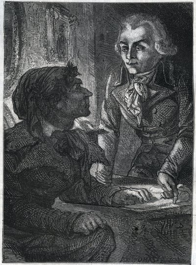 Jean-Paul (Jean Paul) Marat (1743-1793) med Maximilian af Robespierre (1758-1794). Indgravering fra 1866 i "Histoire de la Revolution francaise"" af Adolphe Thiers. Privat samling. af Anonymous Anonymous