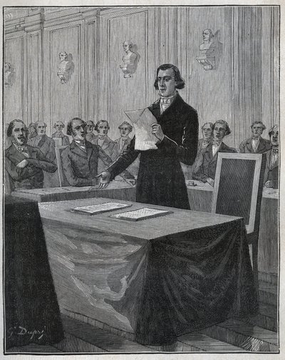 Jean Baptiste (Jean-Baptiste) Andre Dumas (1800-1884) fransk kemiker præsenterede for Videnskabsakademiet sin rapport om opfindelsen Ruolz og Elkington. Indgravering fra 1885 i "" Les arts et metiers illustres"" af Adolphe BITARD. af Anonymous Anonymous