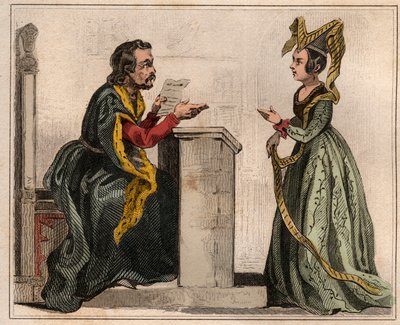 Jehan Pastoret (1328-1405), formand for Paris-parlamentet under Charles Vs regeringstid med en adelig kvinde, iført en liripion. Stik fra 1859 i "" Le Monde. Alle folkeslags historie fra de fjerneste tider til i dag”. af M. E. de Lostal af Anonymous Anonymous