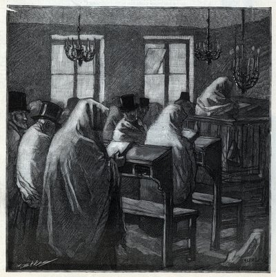 Jødiske højtider: fideles under bønnen inde i et oratorium i helligdagene. Stik i “Le monde illustree”” fra 1892. Privat samling. af Anonymous Anonymous