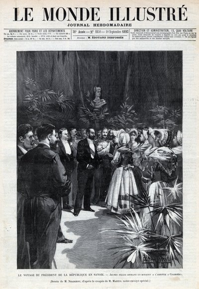 Sadi Carnots (1837-1894) rejse til Savoyen: Republikkens præsident bydes velkommen i Chambery af unge piger, der tilbyder ham en buket blomster. En avis. Stik i “Le monde illustree”” fra 1892. Privat samling. af Anonymous Anonymous