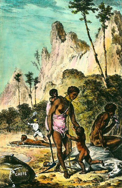 Rejsen til Ile de France (nuværende Mauritius): slavernes arbejde. En hvid udnyttelsesmester pisker en slave, der ligger på jorden. En kvinde bærer en halskæde med sin fod. Stik af det 18. århundrede. Privat samling. af Anonymous Anonymous