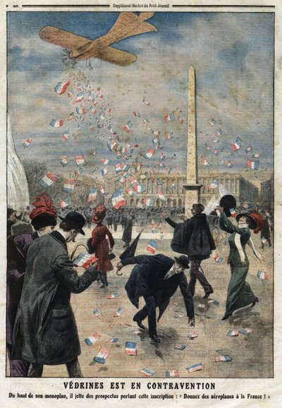 Jules Charles Toussaint Vedrines (1881-1919) er i modstrid: Fra toppen af sit monoplan kaster han flyveblade med inskriptionen "Giv fly til Frankrig"" over Place de la Concorde i Paris. Indgravering i "" Le Petite Journal"", den 4/02/19 af Anonymous Anonymous