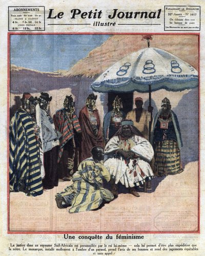 Håndhævelse af retfærdighed og feminisme i sorte afrikanske lande: en sydafrikansk konge rådfører sig med sine kvinder, før han fælder dom. Illustration taget fra “” Le petit journal”” fra 18/12/1921 Samling privee af Anonymous Anonymous