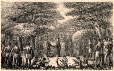 Kong Lebuschi byder velkommen til Henri Depelchin (1822-1900), jesuitermissionær og første overordnede for Upper Zambeze-missionen i Afrika. Indgravering i "Les Missions Catholiques au XIXeme Siecle"" af Louis-Eugene (Louis Eugene) Louvet. privat samling. af Anonymous Anonymous