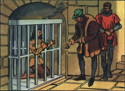 Kong Ludvig XI besøger burene i Bastille-fængslet. Anonym illustration i ""Samling af Frankrigs suveræner og statsoverhoveder"". 20. århundrede. Privat samling. af Anonymous Anonymous