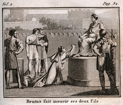 LUCIUS JUNIUS BRUTUS dømmer sine egne sønner til døden for at planlægge at genoprette Tarquins, de fordrevne konger af Rom, 509 f.Kr. - Indgravering fra "" Ungdommens Rollin eller udvalgte stykker af antikke og romerske historier"" 1816 - Privat samling af Anonymous Anonymous