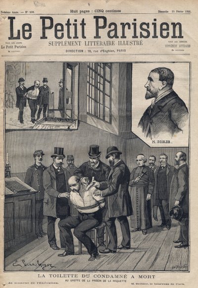 La Toilette du convicne et dødsfald (Deibler) i registeret for fængslet de la Roquette - Indgravering i "" Le petit Parisien"" fra 1891. Privat samling. af Anonymous Anonymous