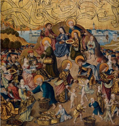 ""Miraklet med de fem brød og to fisk"" Anonymt maleri på træ, omkring 1500 (Miraklet med de fem brød og to fisk af Anonymous) c 1500 - Olie på træ, 68,9x62,7 - Privat samling af Anonymous Anonymous