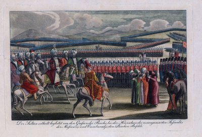 ""Den osmanniske sultan Selim III (1761-1808) gennemgår sit nye infanteri"" Anonym gravering 1806 Privat samling af Anonymous Anonymous