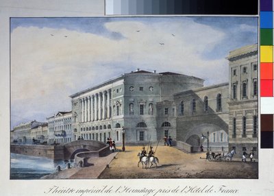 Hermitage Theatre i Sankt Petersborg. Anonym litografi, farvelagt i akvarel, omkring 1840. A. Pushkin Memorial Museum, Sankt Petersborg. af Anonymous Anonymous