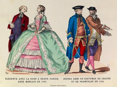 Til venstre: Elegante med en stor kurvkjole, mondain abbe i 1760/højre: Unge mænd i jagt- og vandredragt i 1760 (kong Ludvig XVs regne) - privat samling af Anonymous Anonymous
