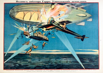 Legende: Roland Garros (1888-1918) dræber sig selv ved at skyde en Zeppelin ned - Roland Garros angriber en Zeppelin af Anonymous af Anonymous Anonymous