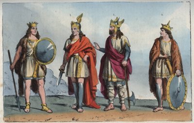 Les Merovingiens - Merovinger-dynasti - Pharamond eller Faramund (- Chlodio (Clodius, Clodion, Cloio eller Chlogio) (Clodion le Chevelu) (ca. 390 - ca. 450) - Merovech (Merovee eller Merowig, ca. 412-457) og Clovis (ca. 466-511” - gravering fra “Usi e Cost af Anonymous Anonymous