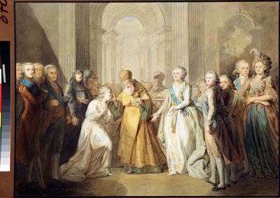Forlovelsen mellem storhertug Alexander Pavlovich (dengang zar Alexander I Pavlovich Romanov (1777-1825) og prinsesse Louise Augusta af Baden (Baden) (daværende kejserinde Elisabeth Alexeievna (Elizabeth Alexeievna) af Anonymous Anonymous