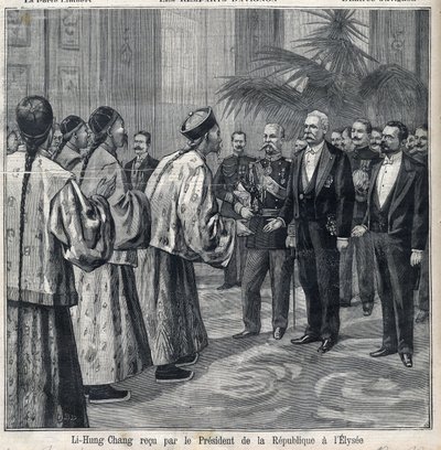 Li Hongzhang modtaget af republikkens præsident Felix Faure (1841-1899) på Elysee-paladset. Indgravering i "Le Petite Parisien"" af Anonymous Anonymous