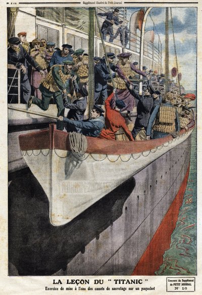 Redningsbådøvelse ombord på en liner, efter RMS Titanics forlis, den 15. april 1912, Illustration fra den franske avis Le petit Journal, 2. juni af Anonymous Anonymous