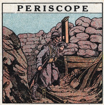 Lysrefleksion: periskop brugt i en skyttegrav af en behåret under Første Verdenskrig (1914-1918). Anonym illustration fra 1925. Privat samling. af Anonymous Anonymous