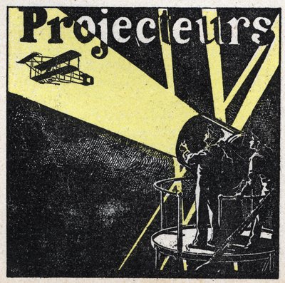 Lysrefleksion: spotlights bruges til at spotte et fly på himlen om natten. Anonym illustration fra 1925. Privat samling. af Anonymous Anonymous