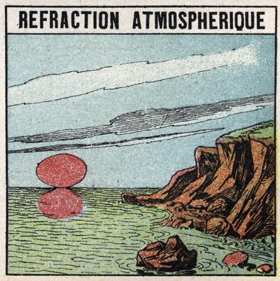 Lysbrydning: Atmosfærisk brydning giver den illusion, at solen er større ved opgang eller solnedgang end ved zenit. Anonym illustration fra 1925. Privat samling. af Anonymous Anonymous