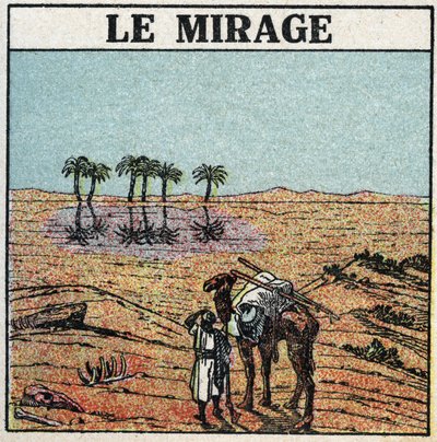 Lysbrydning: luftspejling. Atmosfærisk brydning giver en illusion af en oase, der dukker op i en ørken. Anonym illustration fra 1925. Privat samling. af Anonymous Anonymous