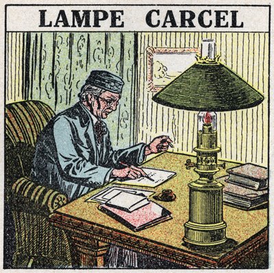 Lyskilder: Carcel lampe, opfundet af Guillaume Carcel (1750-1812) og ved hjælp af vegetabilsk olie. Anonym illustration fra 1925. Privat samling. af Anonymous Anonymous