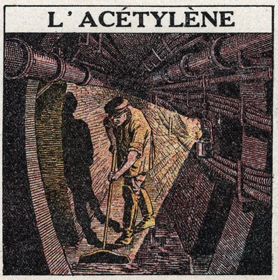 Lyskilder: belysning med acetylen anvendt i tromler. Anonym illustration fra 1925. Privat samling. af Anonymous Anonymous