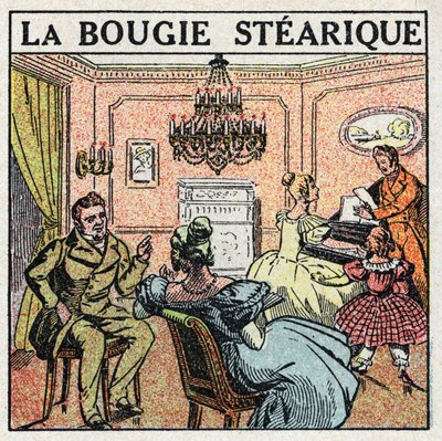 Lyskilder: Stearinlyset brugt på lysekroner i det 19. århundrede. Anonym illustration fra 1925. Privat samling. af Anonymous Anonymous