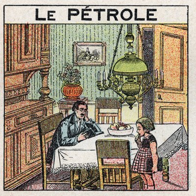 Lyskilder: brug af olielampen. Anonym illustration fra 1925. Privat samling. af Anonymous Anonymous