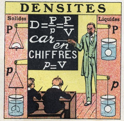 Væskebalance: en lærer, der underviser i fast densitet og væskedensitet, har elever i et klasseværelse. Anonym illustration fra 1925. Privat samling. af Anonymous Anonymous