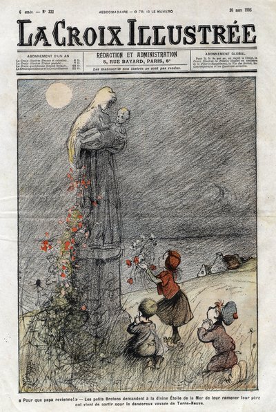 Små bretonere beder havets guddommelige stjerne om at bringe deres far tilbage, som netop er rejst til den farlige rejse i Newfoundland - cover af "La-Croix-Illustree" fra 1905 af Anonymous Anonymous
