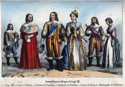 Ludvig XIII - Anne af Østrig (1601-1666) (Anne af Østrig) - Gaston af Frankrig (Gaston, hertug af Orleans) - Armand Jean du Plessis, kardinal de Richelieu - Henrik II af Guise (Henry II, hertug af Guise) Anne -Marie Budes de Guebriant - gravering fra “” Us af Anonymous Anonymous