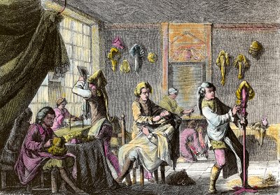 Louis XV-mode: udsigt over det indre af en parykfrisør. Stik omkring 1755. Privat samling af Anonymous Anonymous